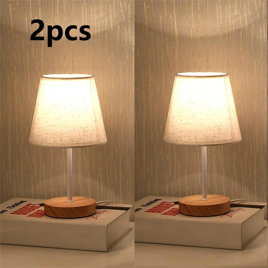 Modern Table Lamp 5V USB Powered Nightstand Lamp Eye-Care Soft Warm Light Bedside Lamp Wood Base Fabric Lampshade Desk Light