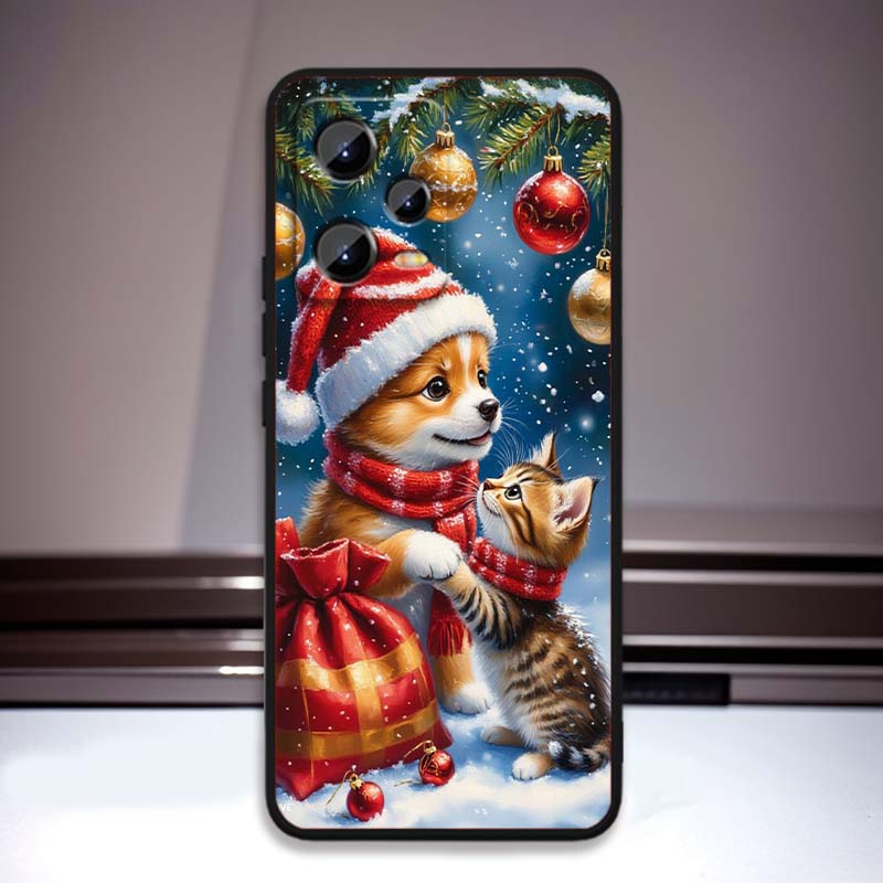Рождественский мультяшный кот Арт Чехол для телефона Для Xiaomi Redmi Note 15 14 13 12 12S 11E 11 11S Pro Plus 4G 5G Черный Мягкий ТПУ