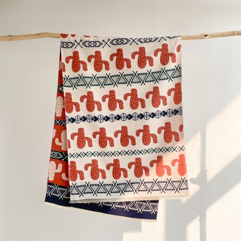 Imitation Cashmere Scarf Women's Nordic Style Decoration Warm Dual-purpose Double-sided Shawl Creative Printing Fringed Autumn and Winter Scarf