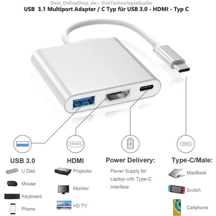 Adaptateur USB Type-C - Non spécifié - 4K - 3 en 1 - Plug and Play - Large compatibilité