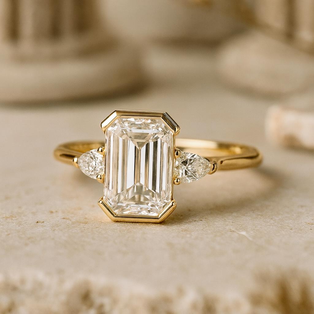 Emerald Cut Moissanite Wedding Ring, Pear Shaped Engagement Ring, Half-Bezel Bridal Ring, Yellow Gold Plated Jewelry