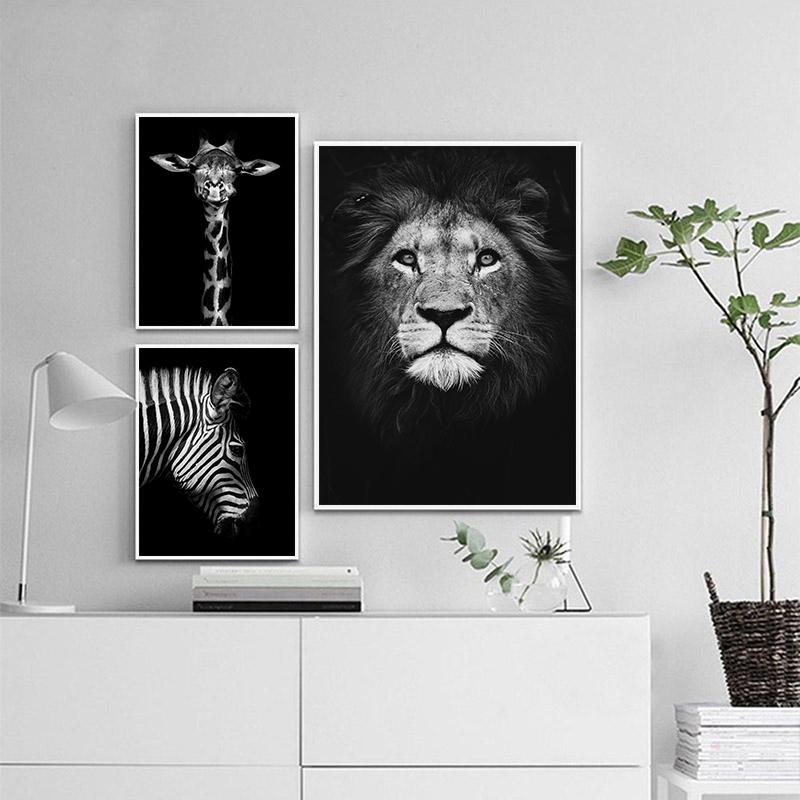 Черно-белый холст с животными, настенная живопись, лев, жираф, зебра, скандинавские постеры и принты, настенные панно для украшения гостиной