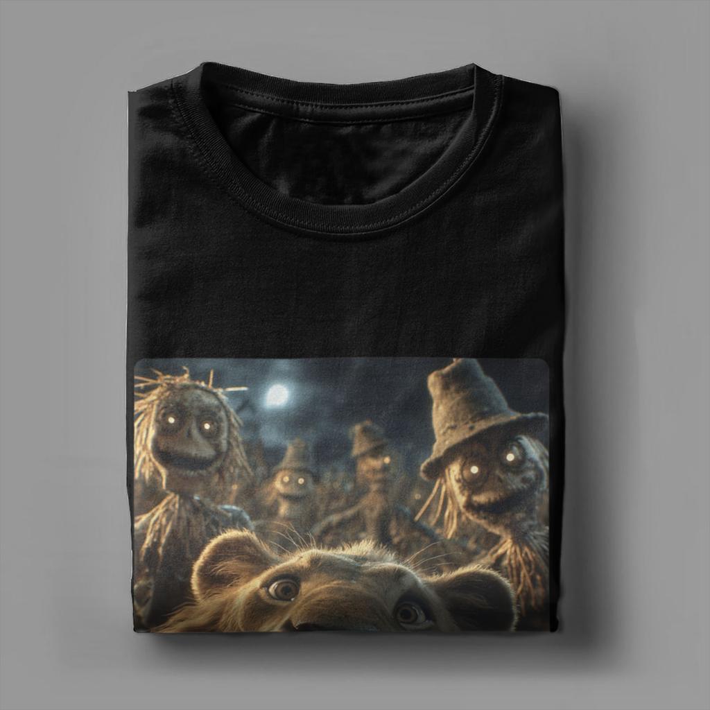 Men T-Shirts Funny Lion Selfie With Scarecrows Novelty Cotton Tee Shirt Scary Halloween T Shirt Crewneck merchandise Plus Size