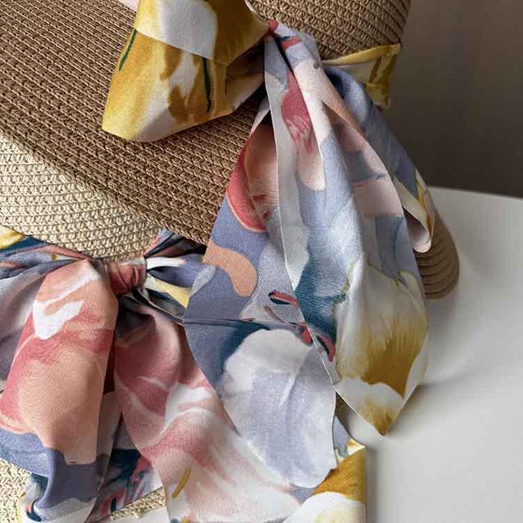 Summer small fresh streamer bow woven straw hat women's big eaves sunshade sunscreen hat seaside vacation sun hat