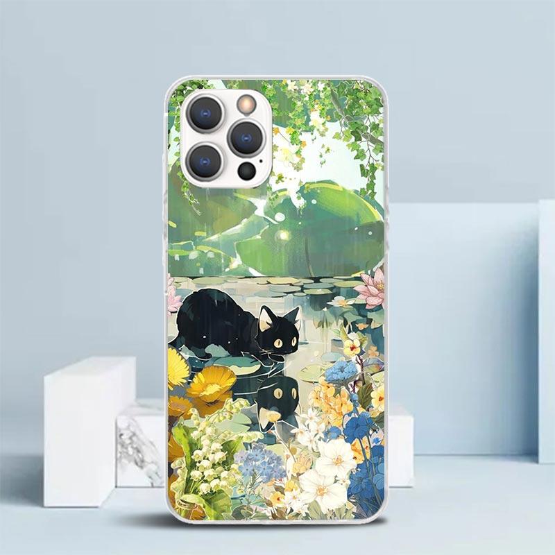 Мультяшный Милый Черный Кот Чехол Для Телефона Для IPhone 16 17 Air 16E 15 14 Plus 13 Mini 12 11 Pro Max 7 8 + SE 2020 Мягкий ТПУ Задняя Крышка 16