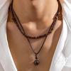 Retro Wooden Beads Necklace Pine Stone Sweater Chain Fashion Double Layer Necklace Travel