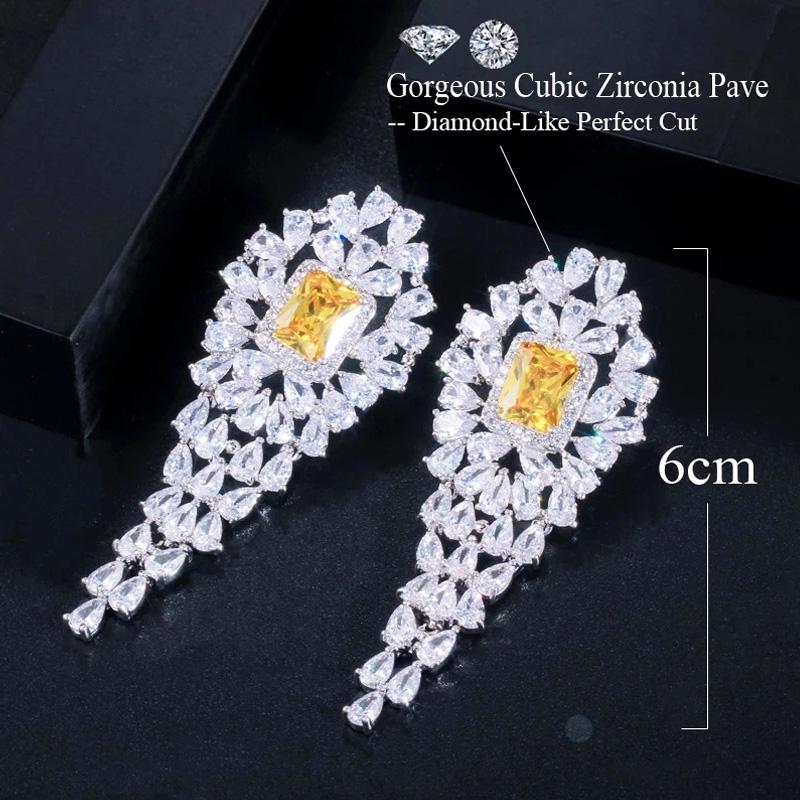 CMM Брендовые женские вечерние украшения из белого золота, роскошные квадратные желтые длинные серьги-капли с цирконом