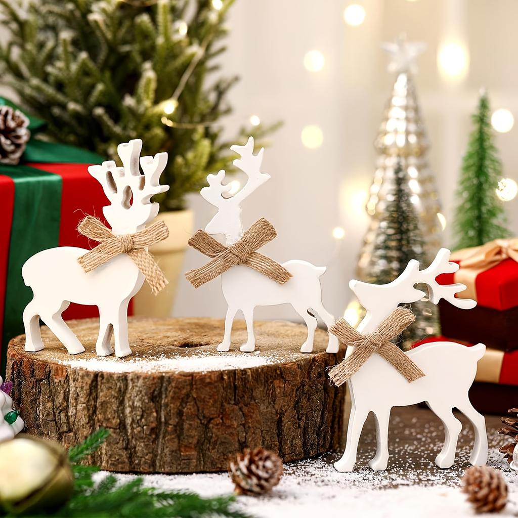 3Pcs Christmas-Themed White Reindeer Decorative Ornaments Made Of PVC Material - With Jute Rope Bows, Suitable For Tabletop And Holiday Atmosphere
