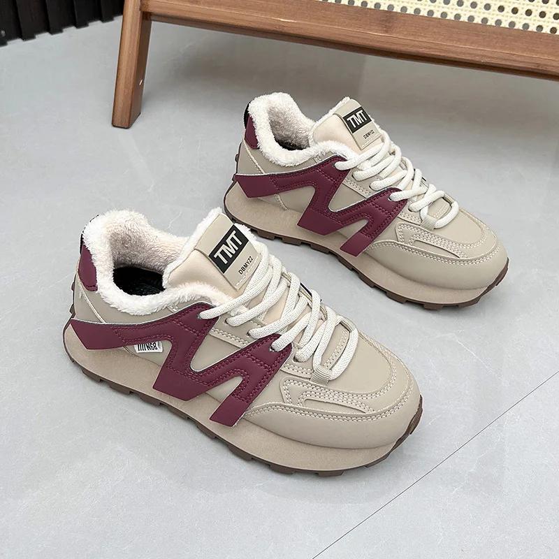 Пушистая теплая обувь для женщин 2024 года, зимние хлопковые кроссовки для студентов, повседневные кроссовки для бега, водонепроницаемые, для женщин, модные