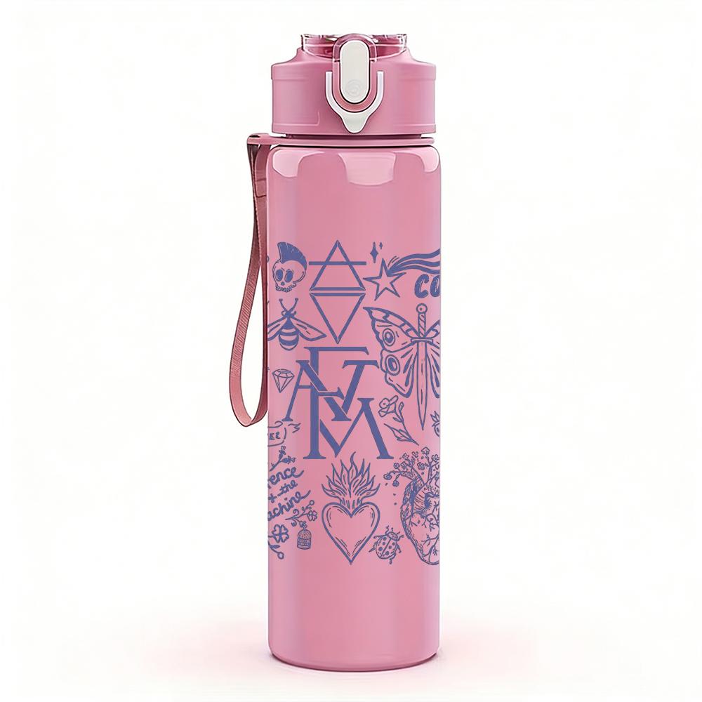 1PC Retro band abstract line sketch print 750ml colorful plastic sports water bottle leakproof pop up lid with straw for outdoor work home use