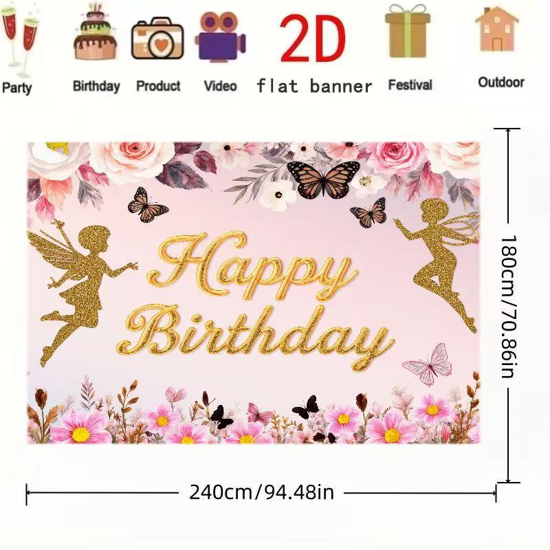 2D Pink Floral Fairy Backdrop "Happy Birthday" with Gold Glitter Fairies and Butterflies Photography Background