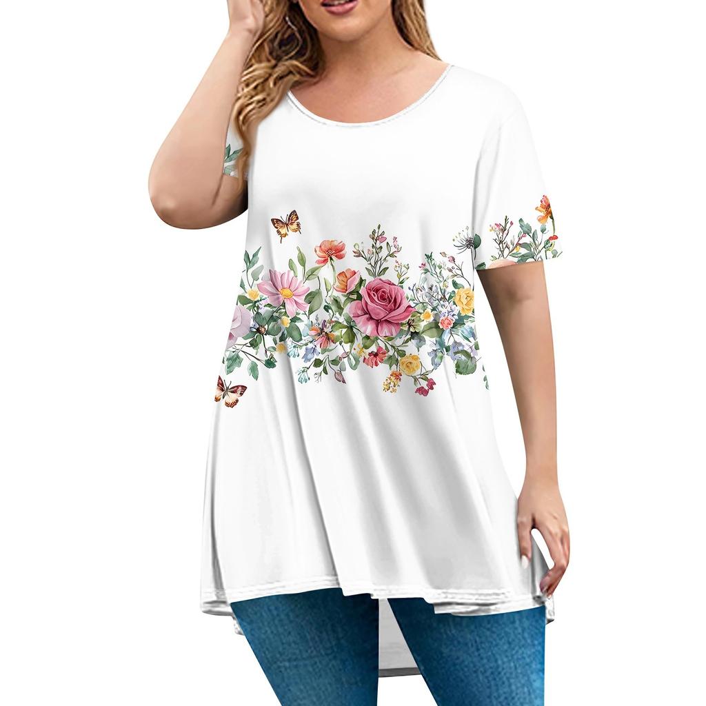Женская мода большого размера с круглым вырезом и коротким рукавом, повседневный свободный пуловер с принтом