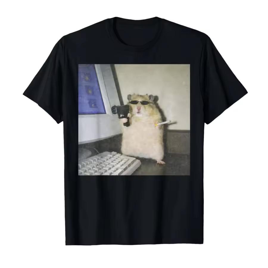Cyber Hamster Meme Funny Animal Vintage Graphic Pure Cotton T‑shirt Women Round Neck Short Sleeve Harajuku Streetwear Casual Top