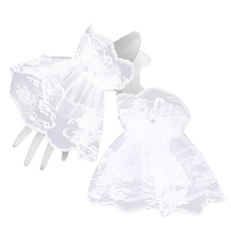 Women Black Lace Wrist Cuffs Bracelets Wedding Rhinestone Bow Fingerless Gloves KTY