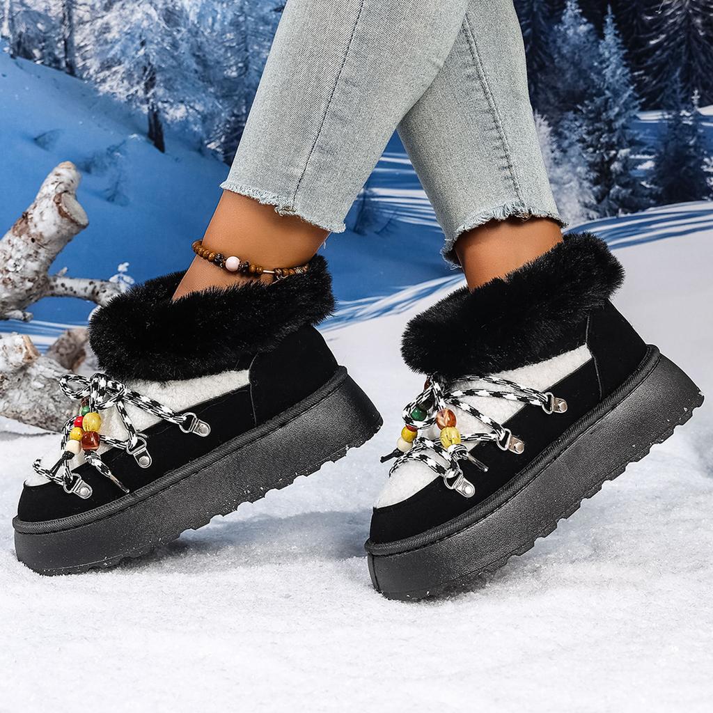 2025 Осень/Зима Новые Снежные Ботинки Женские На Шнуровке Спереди Толстая Подошва Флисовые Утепленные Короткие Ботинки Теплая Хлопковая Обувь