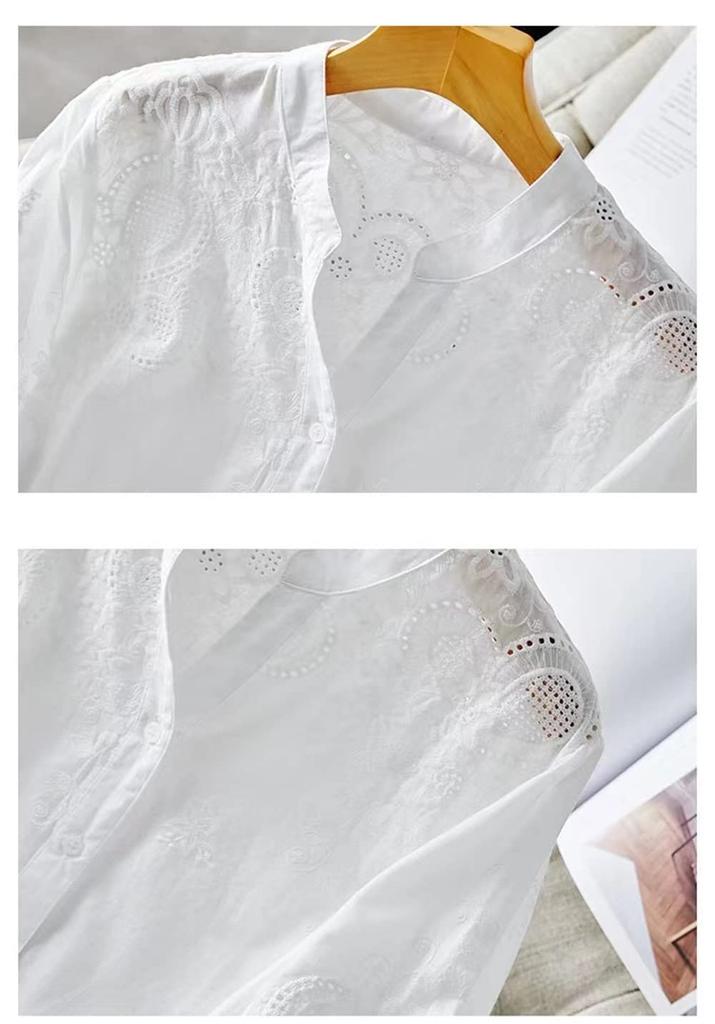 Short Floral Large Openwork [PH.YZBBDPG] Shirt, Blouse, Top, Sleeve, V-neck, Plain, Embroidery, Pattern, Size, Feminine, Women's, Knit, Slimming,