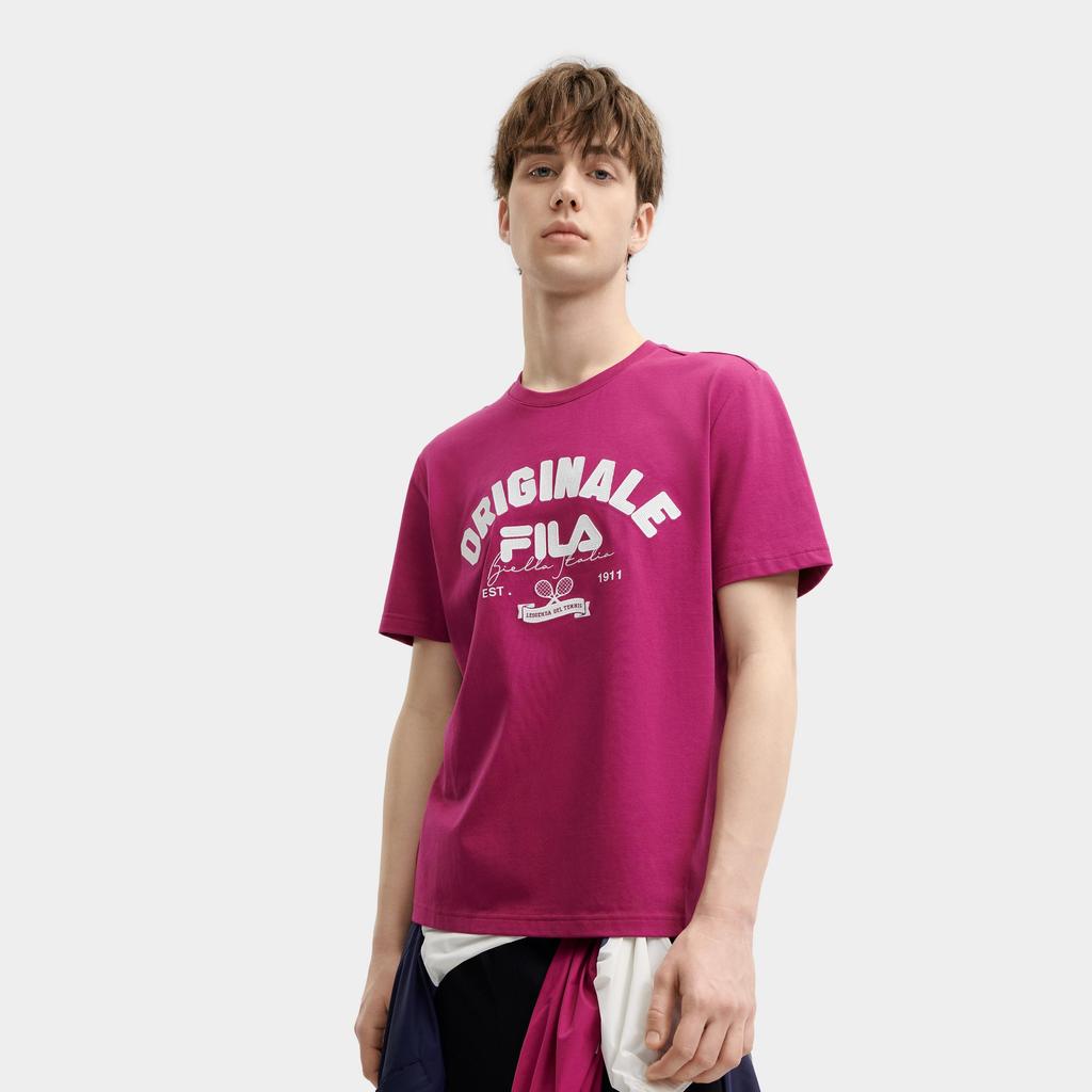 FILA T-Shirts Men's Rosy Red Crew Neck Thin Straight Fit (Unisex) T-Shirts F11M429114F WI