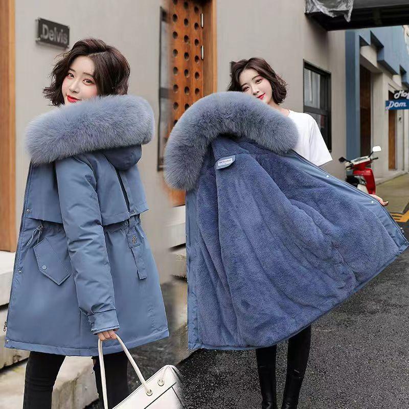 Big fur collar pie overcomes women's thickening in winter, medium and long waist and thin tooling cotton clothes, windproof and warm cotton clothes