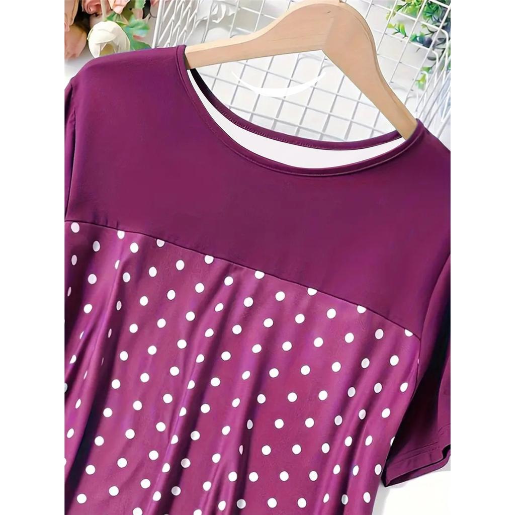 Damska piżama sukienka z krótkim rękawem z okrągłym dekoltem w kropki Wygodna sukienka