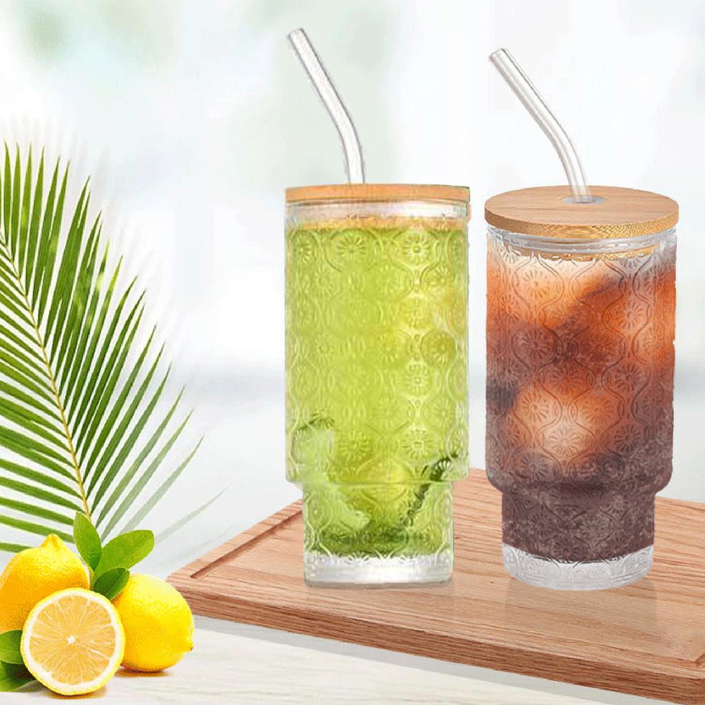 Стильный стеклянный стакан 16 унций с крышкой-соломинкой и щеткой для чистки для холодного кофе и смузи, дизайн с узором "Бегония"