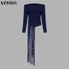 VONDA Женские винтажные обтягивающие однотонные футболки с открытыми плечами и длинным рукавом
