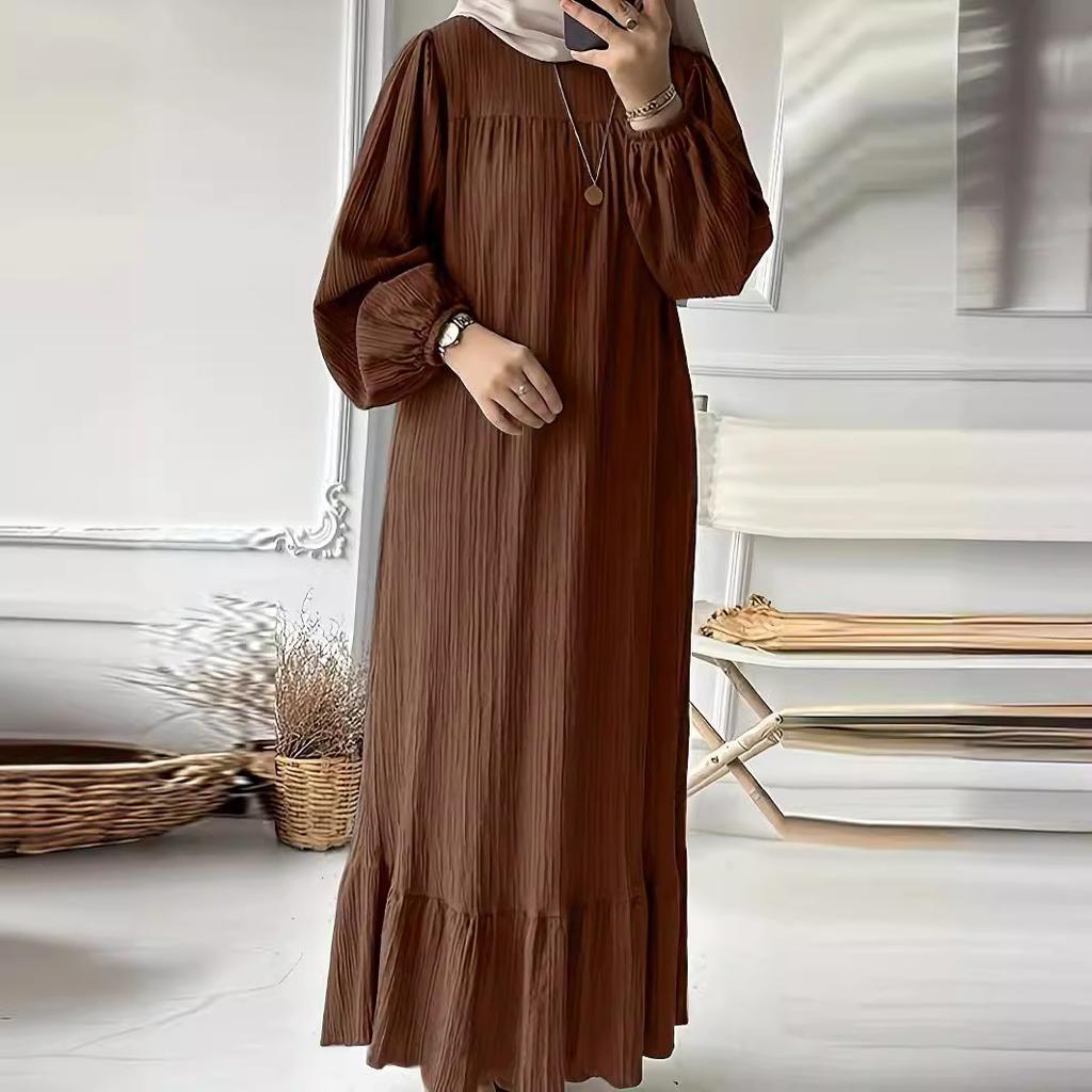 Spring and Autumn Women's Fashion Long Sleeve Vintage Solid Colour Ruffle Hem Long Dresses
