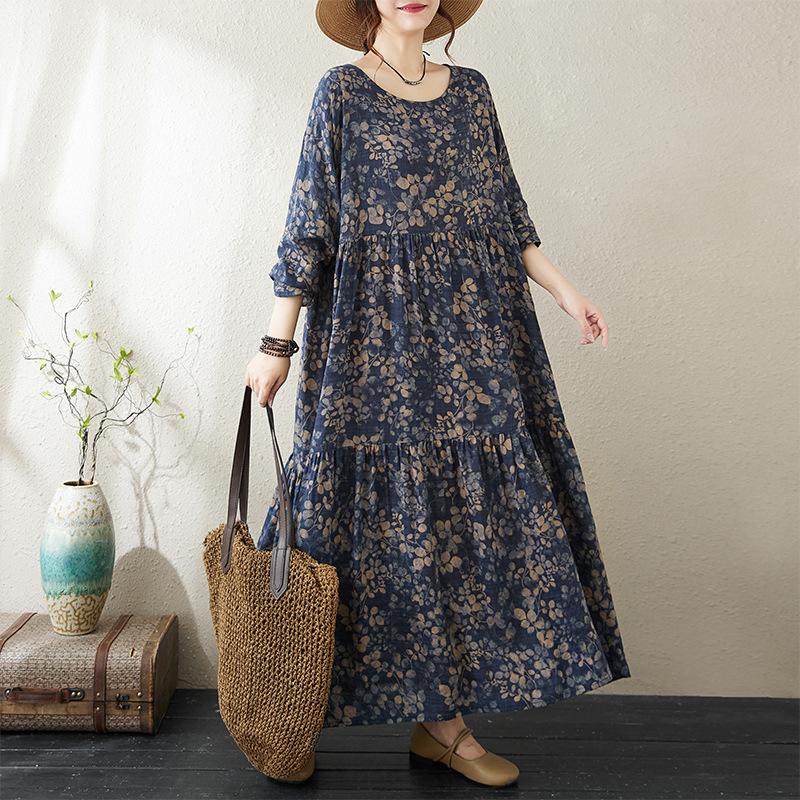 Autumn Thin Cotton Linen Fat MM Long Sleeved Loose Casual Slimming Cake Big Swing A-line Dress for Women Dresses