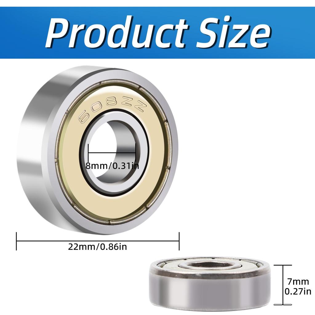 10Pcs 608 ZZ 608RS Ball Bearings 608ZZ Metal Double Shielded Miniature Deep Groove Skateboard Ball Bearings 8mm X 22mm X 7mm
