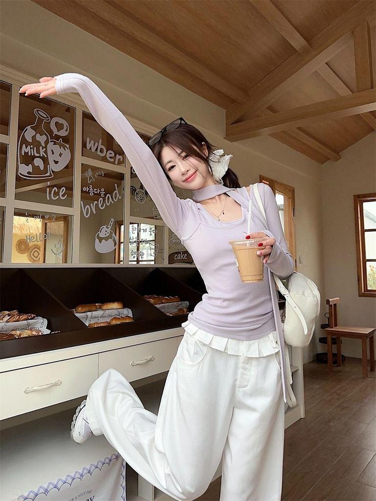 Женская весенняя ветрозащитная футболка с длинными рукавами и лентой, состоящая из двух частей