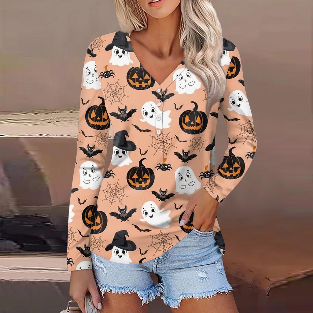 Женская повседневная мода, сексуальный комфорт, Хэллоуин с принтом и v-образным вырезом, пуговицы, длинный рукав