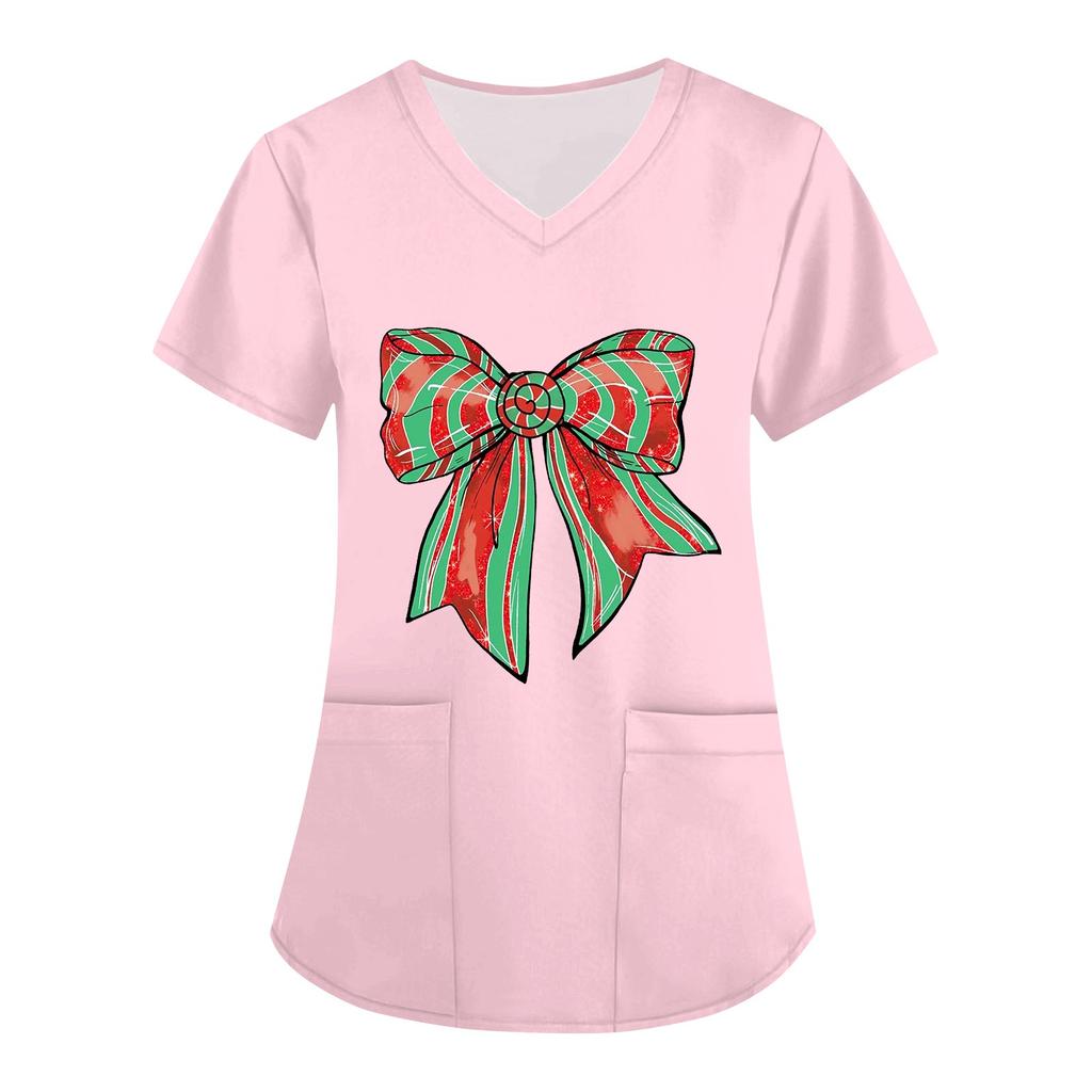 Women's Christmas Printed Uniform Work Uniform V-Neck Pocket Protective Work Uniform