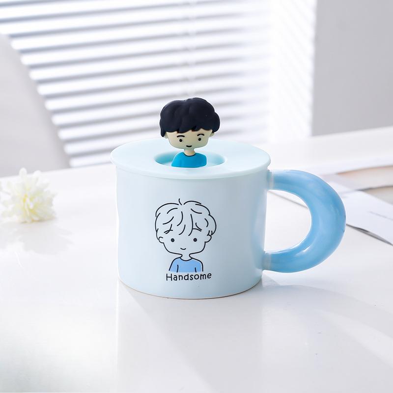 Корейская милая кружка с мультяшным персонажем, розовая, с сердечком, керамическая чашка для воды с крышкой, кофейная чашка, парная чашка
