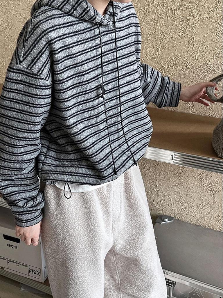 Женская корейская толстовка с капюшоном Luxi с контрастными полосками - Зима 2024 Плюс бархатный толстый повседневный топ 2839