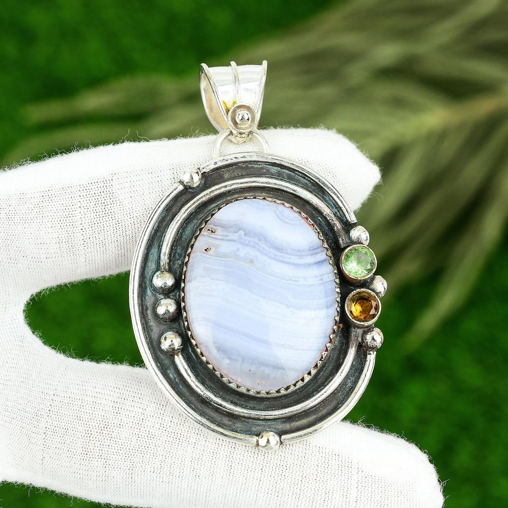 Friendship Day Sale Oval Natural Blue Lace Agate Citrine Pendant Sterling Silver