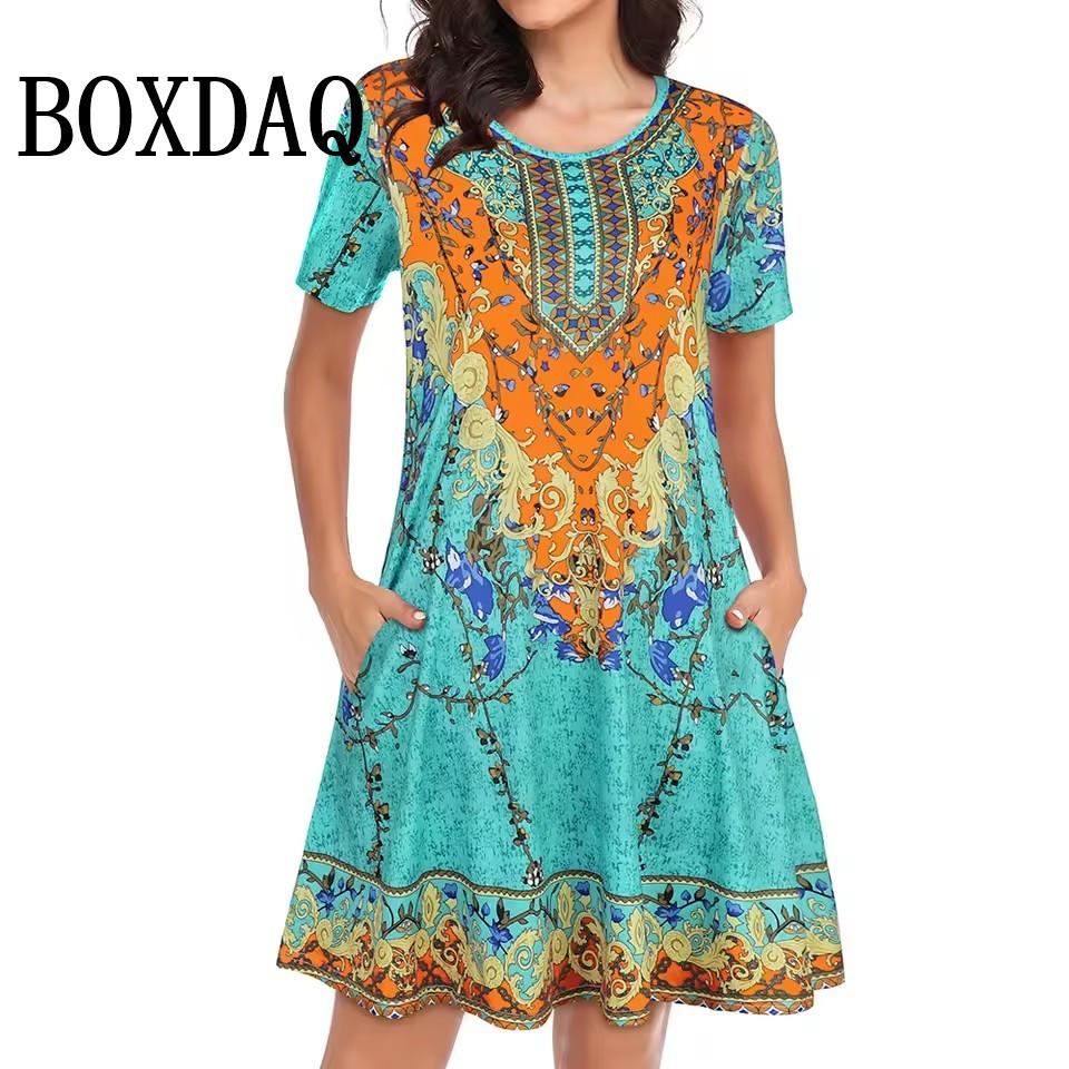 Новые летние женские платья 2025 года с 3D-принтом в винтажном стиле с коротким рукавом и свободными карманами для женщин больших размеров для отдыха на пляже