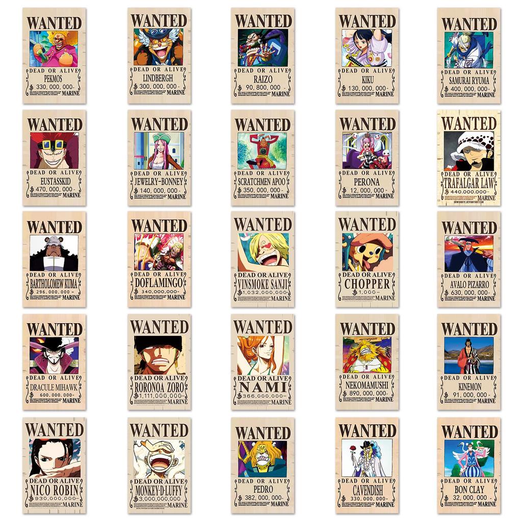 50 Стикеры-Постеры Wanted из One Piece - Водонепроницаемые Декоративные Стикеры для Контейнеров и Бутылок для Воды