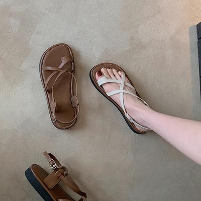 Версия из овчины~ Виноградная мать та же кожа сандалии женские летние на плоской подошве универсальные с перемычкой для пальцев перекрещенные с пляжными римскими сандалиями