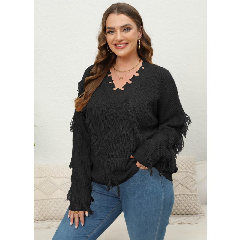 Women S Plus Size V Neck Tassel Pullover Sweater Autumn Winter
