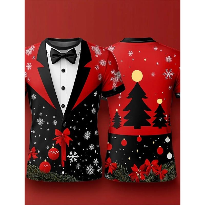 Летний топ с круглым вырезом и 3D-принтом на рождественскую тематику с галстуком-бабочкой, модные повседневные футболки с короткими рукавами для мужчин