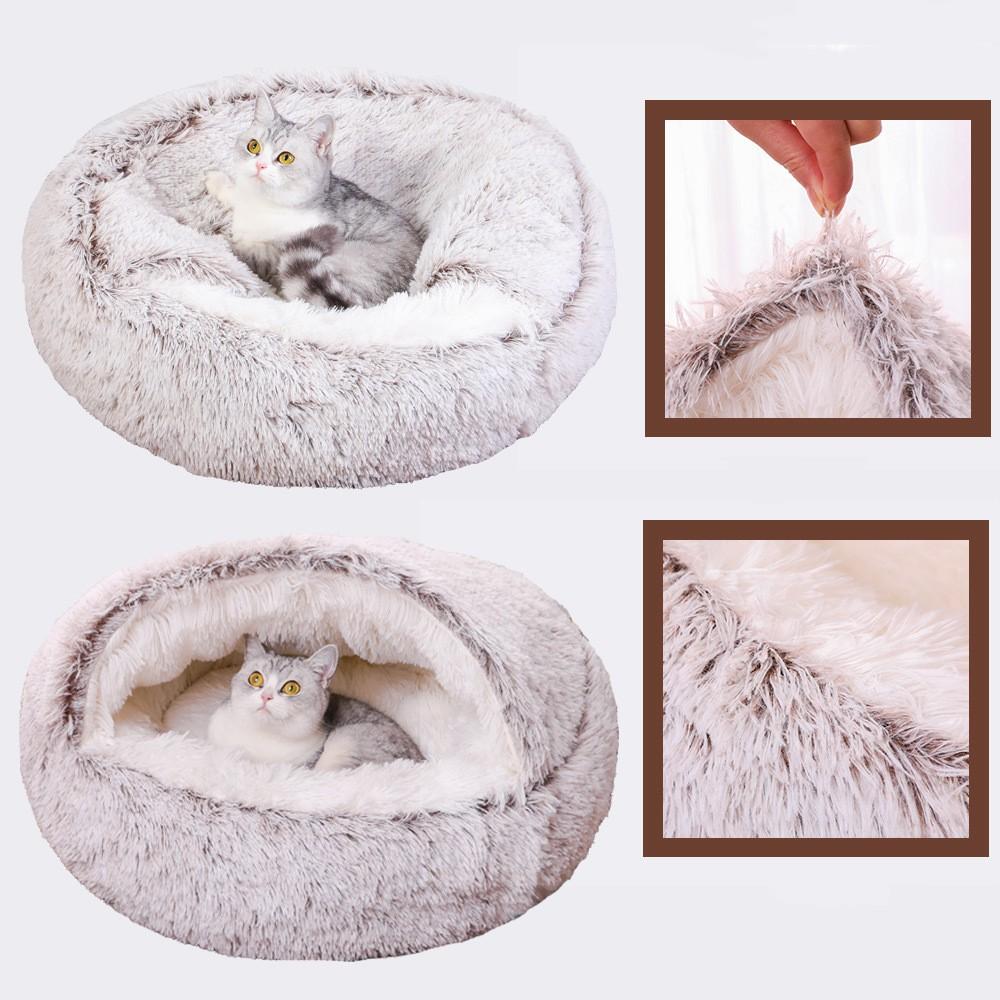 Плюшевая лежанка для кошки Круглая подушка для кошки Домик для кошки 2 в 1 Теплая корзина для кошки Спальный мешок для питомца Кошачье гнездо Будка для маленькой собаки Подходит для зимы
