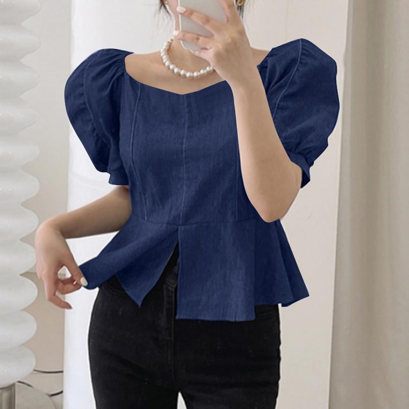 ZANZEA Женская повседневная блузка с круглым вырезом, рукавами-буфами, однотонная, свободного кроя