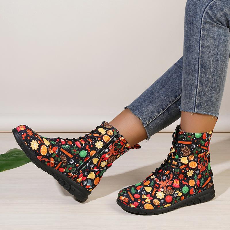 Модные европейские американские рождественские короткие сапоги женские 2024 осень-зима новые принтованные короткие кожаные сапоги с боковой молнией