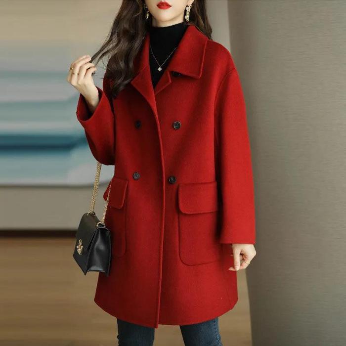 Women's Korean Style Wool Coat - 2024 Autumn/Winter, Age-Reducing, Thickened, Warm, Mid-Length, Loose Fit, Small Size.