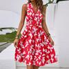 Women's Spring And Summer Casual V-Neck Sleeveless Waist Floral Print Midi Dress