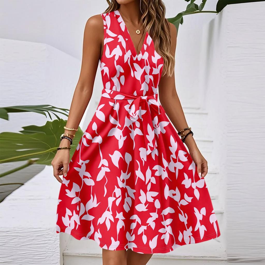 Women's Spring And Summer Casual V-Neck Sleeveless Waist Floral Print Midi Dress