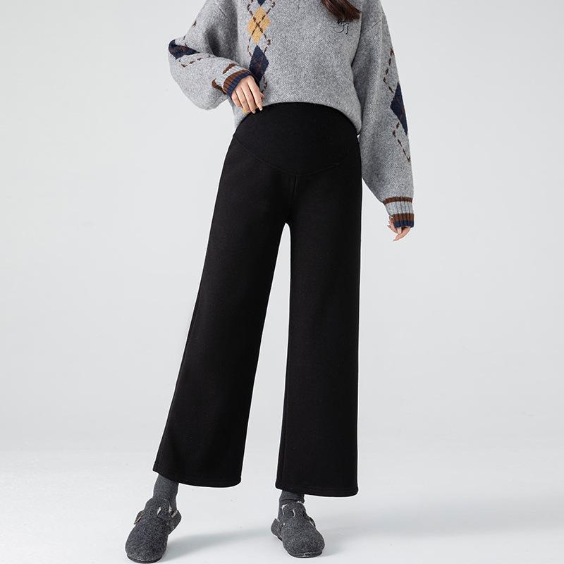 Новый стиль 2025 года Кашемировые брюки для беременных на флисовой подкладке: Осенне-зимний дизайн с широкими штанинами и поддержкой живота
