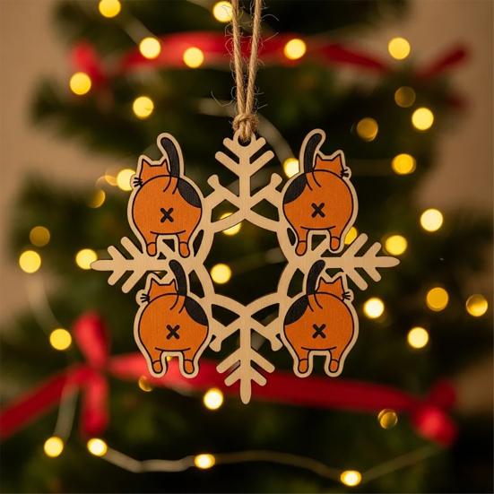 Рождественское украшение в виде снежинки с кошачьей попой, забавное деревянное украшение на елку с кошачьей попой