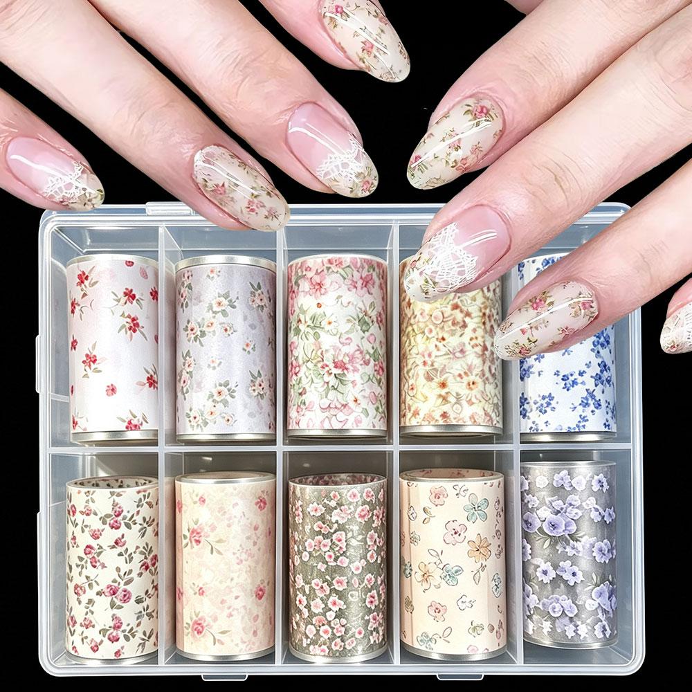 10Rolls White Lace Rose Floral Nail Foil Transfer Stickers 3D Cute Rose Flower Starry Sky Paper Nail Decals Lace Transfer Slider