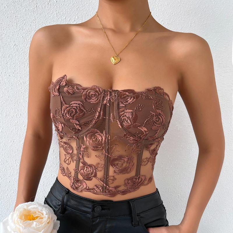 Women S Black Floral Applique Slim Fit Strapless Corset Bustier Top