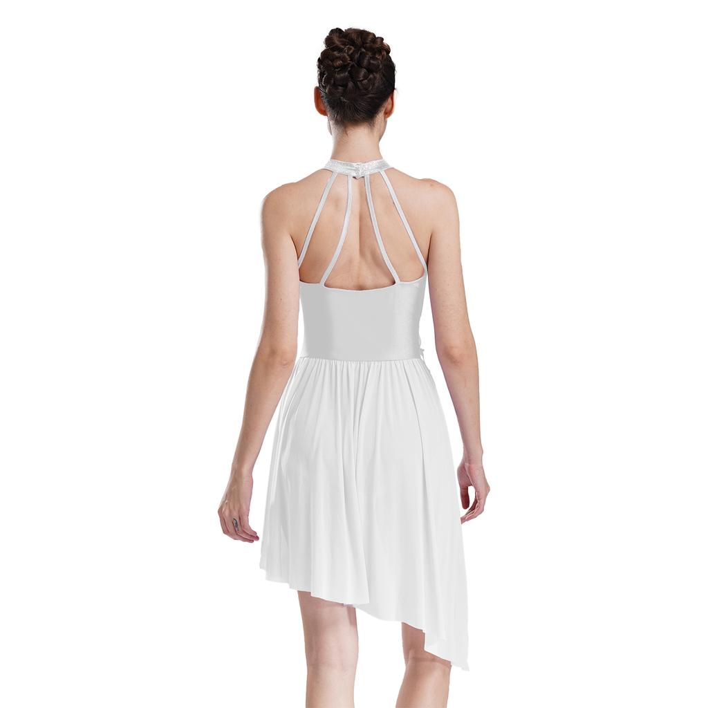 Женский купальник для выступлений, платье с халтером, бретельки на спине, асимметричный подол, блестящие стразы, костюм для сцены и соревнований